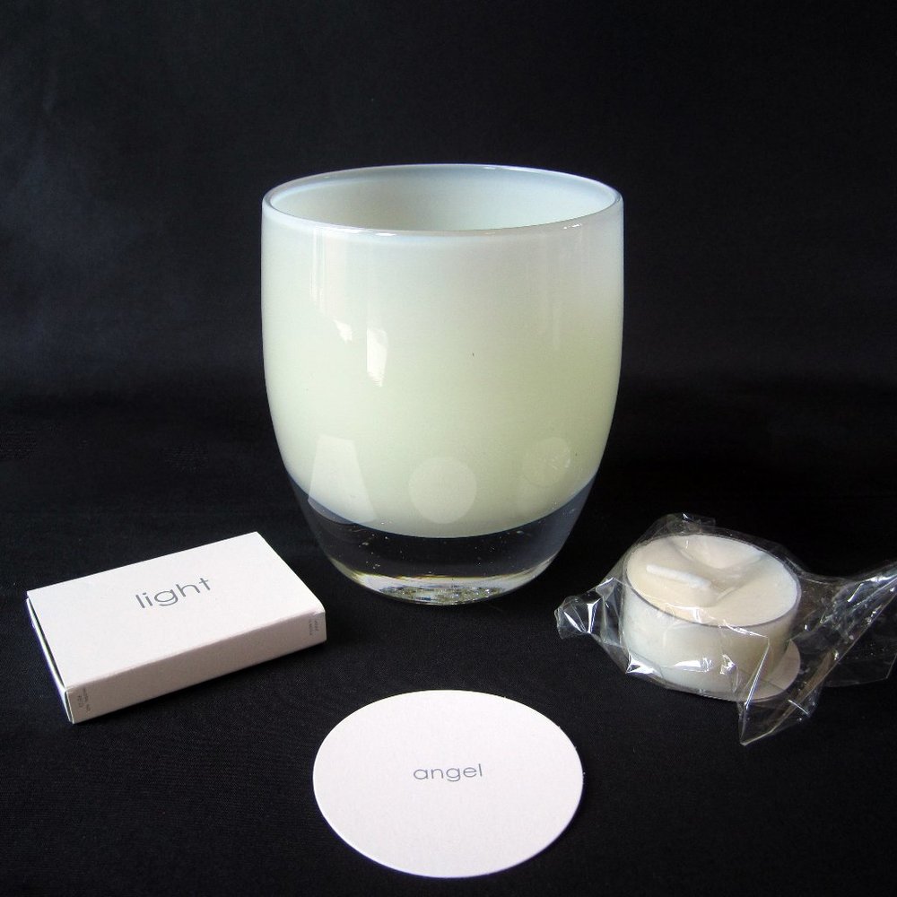 NIB Glassybaby Angel with  label, original tealight & matches. 1/2